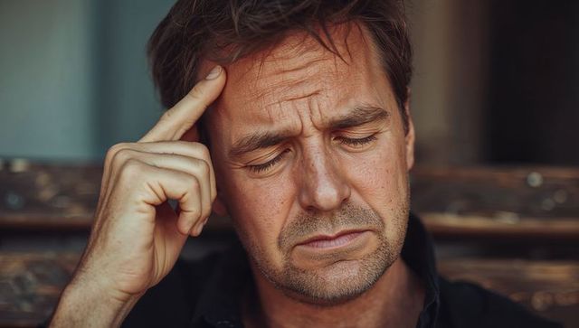Middle-aged man pressing temple and frowning while sitting on rustic porch bench