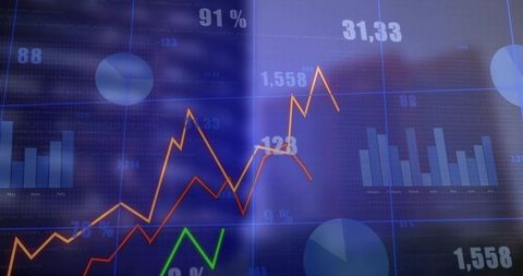 Financial analytics dashboard showing live rising market charts, data overlay and trends