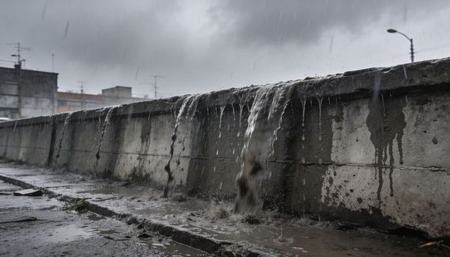 Heavy rain cascading over concrete parapet creating urban runoff, puddles and gritty scene