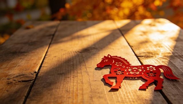 Red Paper Horse Ornament on Rustic Wooden Planks with Autumn Sunlight and Long Shadow