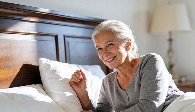 Sunlit senior woman smiling while resting on bed with wooden headboard and pillows