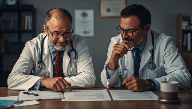 Experienced doctors collaborating on patient diagnosis in clinic