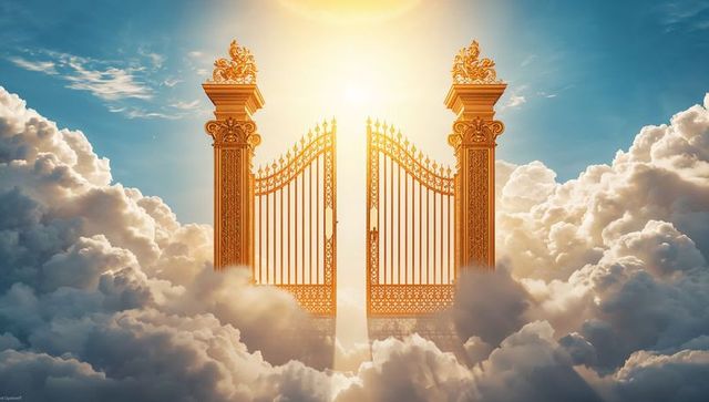 Golden heavenly gates rising through clouds with sunbeam and ornate baroque pillars