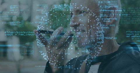 It expert utilizing smartphone for voice commands with code overlay