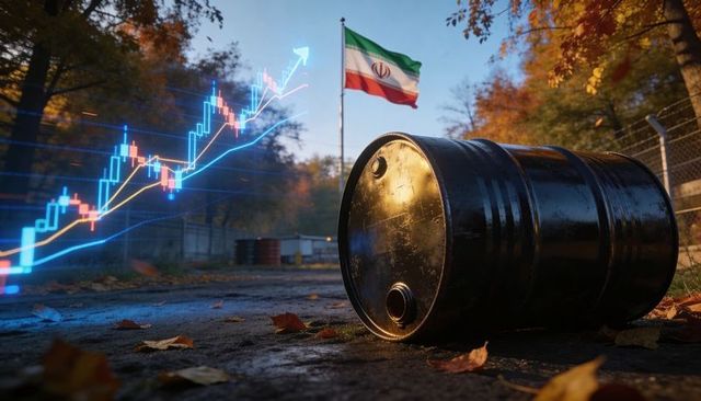 Iran oil barrel reflecting light with rising market chart overlay and flag waving