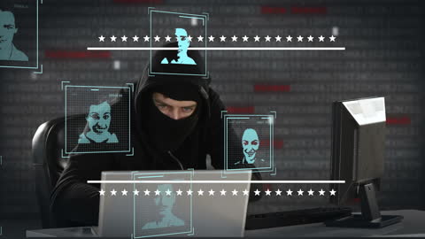 Cyber Hacker Accessing Security Facial Profiles in Dark Screen Room