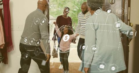Multigenerational Family Greeting Child Entering Home with Digital Finance HUD Overlay