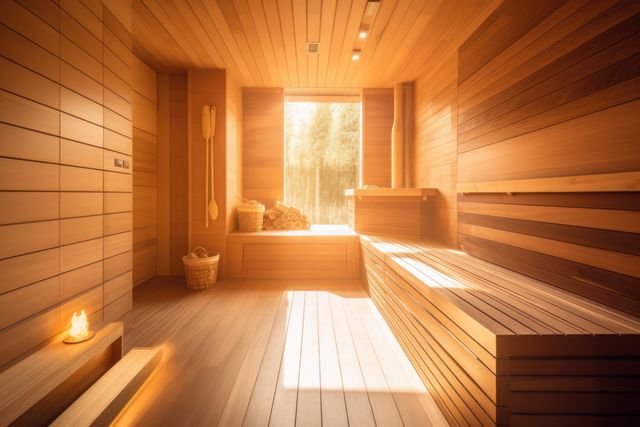 Beautiful modern wooden sauna room with warm lighting features wooden bench seating and natural light streaming in through a large window. Ideal for wellness, relaxation, spa advertisements, interior design inspiration, and leisure depiction.