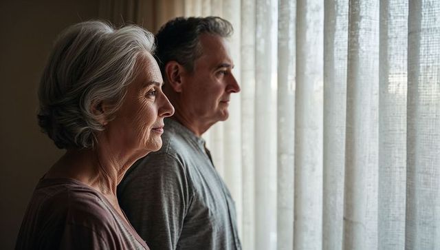 Senior couple gazing through sheer curtains in soft morning light, contemplative moment