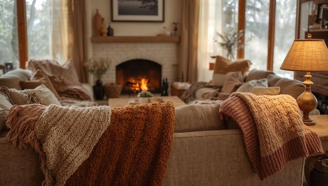Cozy Living Room with Fireplace and Draped Blankets