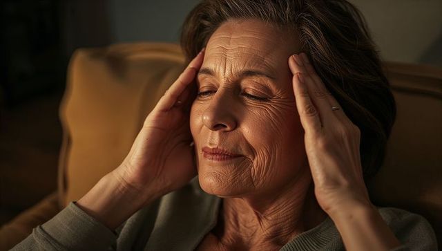 Reclining mature woman pressing temples in warm light conveying fatigue and quiet reflection