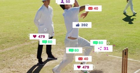 Cricket bowler delivering ball with social media overlays on sunny grass field
