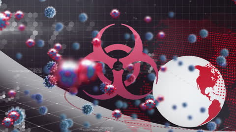 Covid-19 Cells Falling Over Virtual Globe and Biohazard Sign