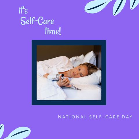 Woman relaxing in bed for self-care with newspaper on self-care day