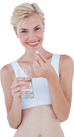 smiling woman holding pill and glass of water on transparent background - Download Free Stock Videos Pikwizard.com