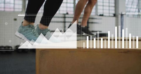 Athletes performing plyo box jumps with performance data overlays in functional gym
