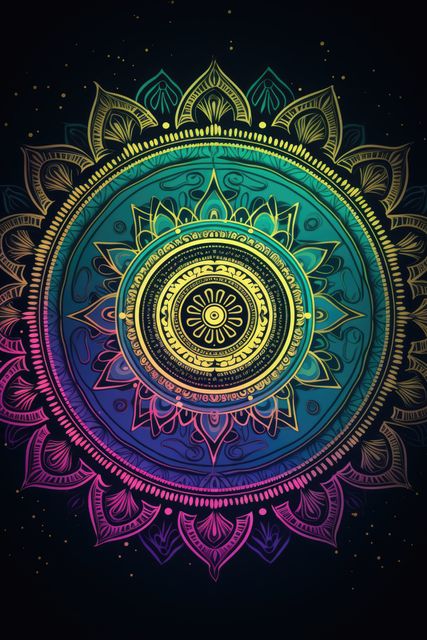 Multicoloured mandala design, created using generative ai technology. Colour, pattern, design, symbol and spirituality concept digitally generated image.