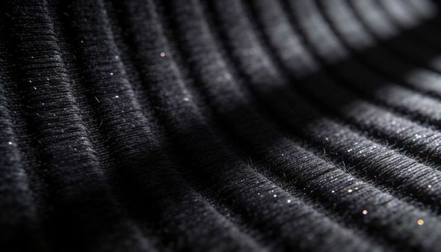 Macro black ribbed fabric showing sparkling fibers and diagonal textured ridges