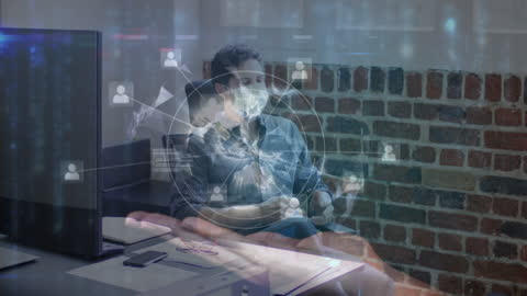 Businessman with Face Mask Interacting with Augmented Reality Globe