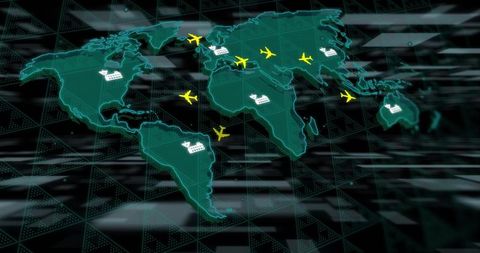 Displaying holographic global logistics network with air cargo routing and factory hubs