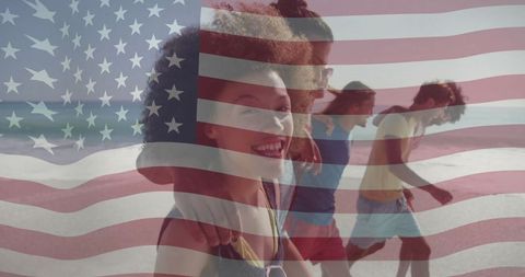 Friends enjoying beach day with american flag overlay