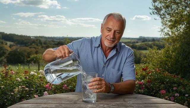 Senior Man Pouring Water on Garden Patio with Tranquil Rural View