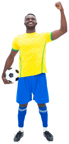 Smiling Soccer Player Celebrating Victory Holding Ball Transparent Background