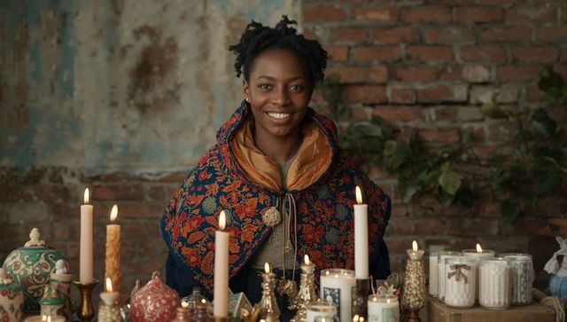 Artisan woman arranging candles in craft studio with decorative jars