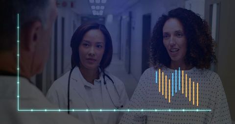 Medical Professionals Consulting Patient with Data Insight Overlay