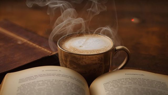 Steaming Latte Cup Resting on Rustic Wooden Table Beside Open Book and Leather Journal