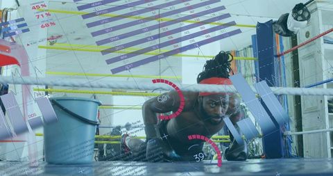 Athlete Performing Push-Ups on Boxing Ring with Data Overlays
