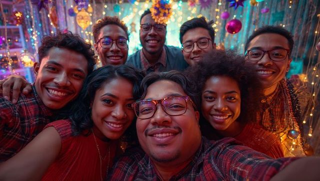 Joyful Friends Taking Selfie in Festive Living Room