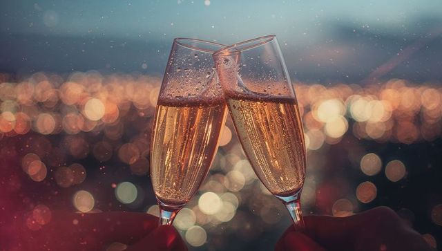 Celebratory Champagne Toast with City Light Bokeh in Background