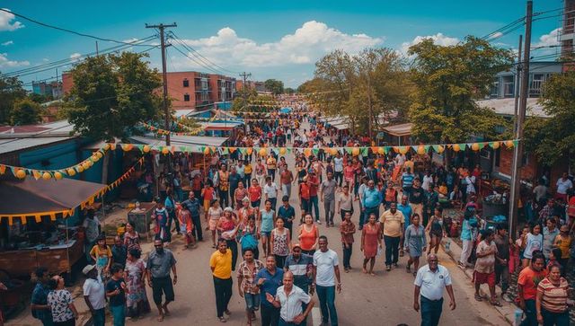 Vibrant community street market parade with walking crowds, colorful pennants and vendor stalls
