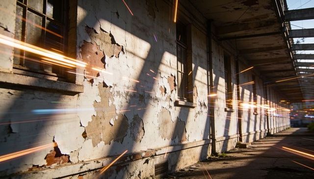 Peeling paint corridor showing light trails, rusted windows and sunlit industrial decay