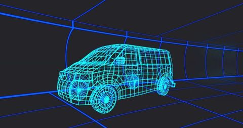 Neon wireframe van rotating inside futuristic tunnel grid cyan mesh 3d render
