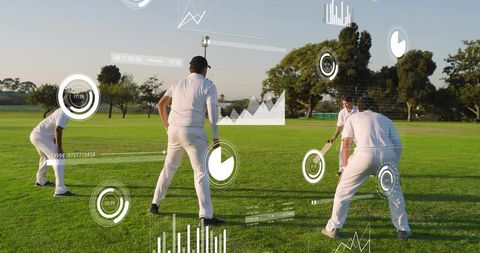 Team cricket training with hud analytics overlays showing performance data on green field