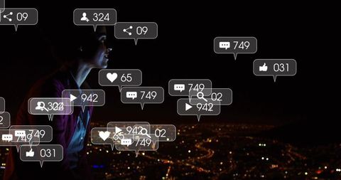 Contemplative woman overlooking city skyline with floating social media notification overlays