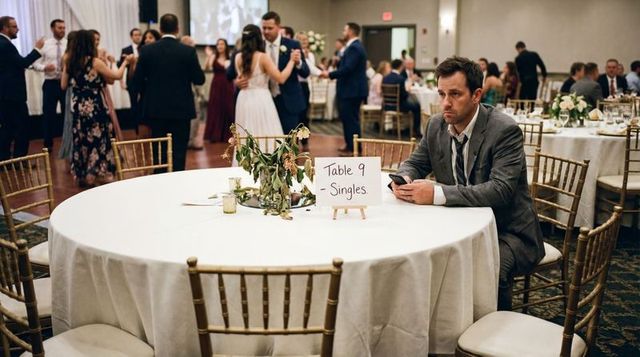 Man sitting at table 9 singles during wedding reception holding smartphone looking lonely