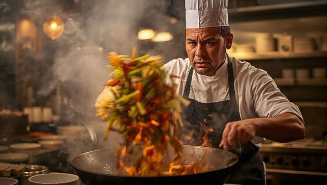 Professional Chef Skillfully Tossing Vegetables in Flaming Wok