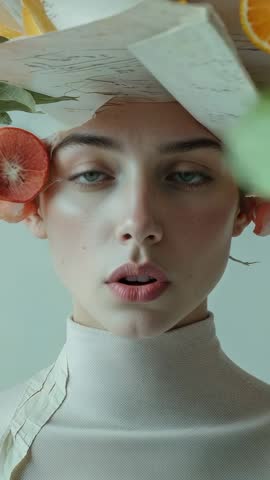 Model blinking and tilting sculptural headpiece revealing citrus fruits in minimalist vertical video