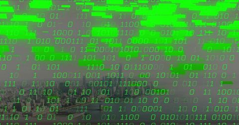 Streaming Green Binary Code Over Urban Harbor and Port Skyline, Neon Data Blocks Merging with City