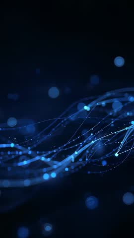 Vertical glowing blue data strands flowing with luminescent nodes in dark space