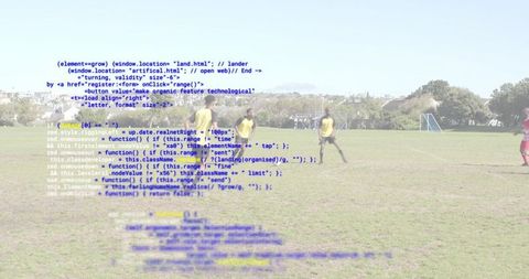 Soccer Players Practicing on Grass Field with Code Overlay, Technology Teamwork Concept