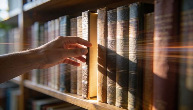 Reaching hand pulling worn leather-bound book from sunlit wooden library shelf