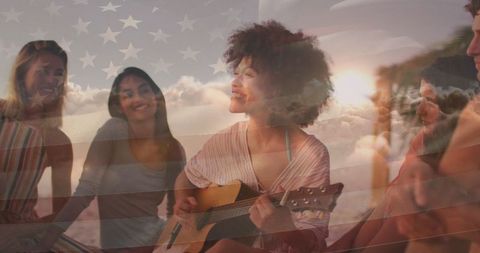 Joyful Gathering with Overlapping US Flag and Guitar Music