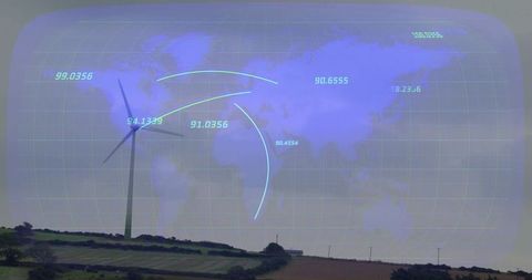 Rotating Wind Turbine on Ridge Over Rolling Fields with Holographic World Map Overlay