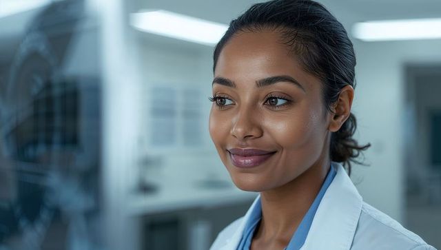 Smiling female doctor wearing white coat and scrubs looking sideways in modern clinic