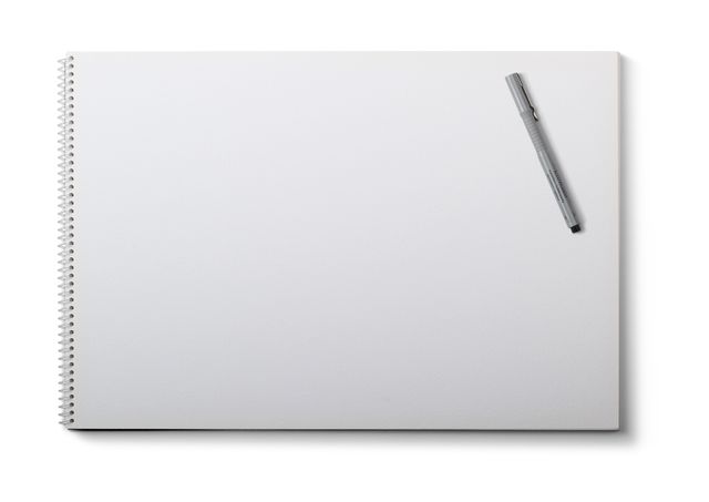 This image shows a blank spiral notepad with a pen placed against a white background. Ideal for presentations, creative projects, office materials, educational content, or promoting stationery products. It appeals to designers, students, and professionals looking for minimalist and clean visuals to illustrate open possibilities or space for creativity.