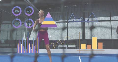Female athlete training with augmented reality performance analytics on indoor court